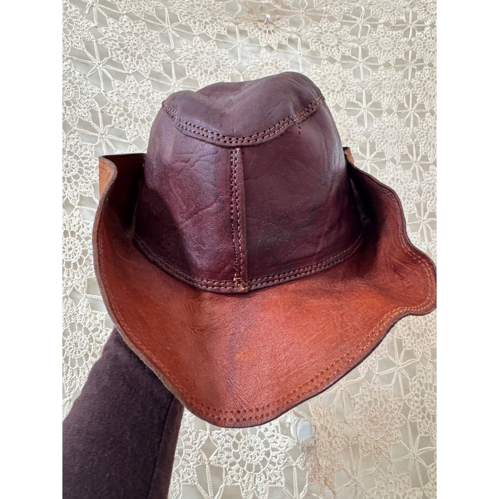 Vintage‎ 70's Brown Leather Rancher Hat Snap Up Brim Western Cowboy S